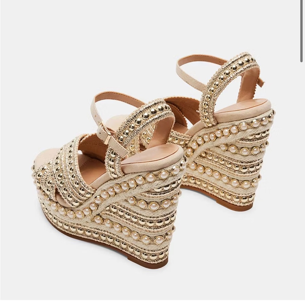 Steve Madden Pearl & Stud Embellished Wedge Sandal - Cream/Gold - Picture 4 of 4
